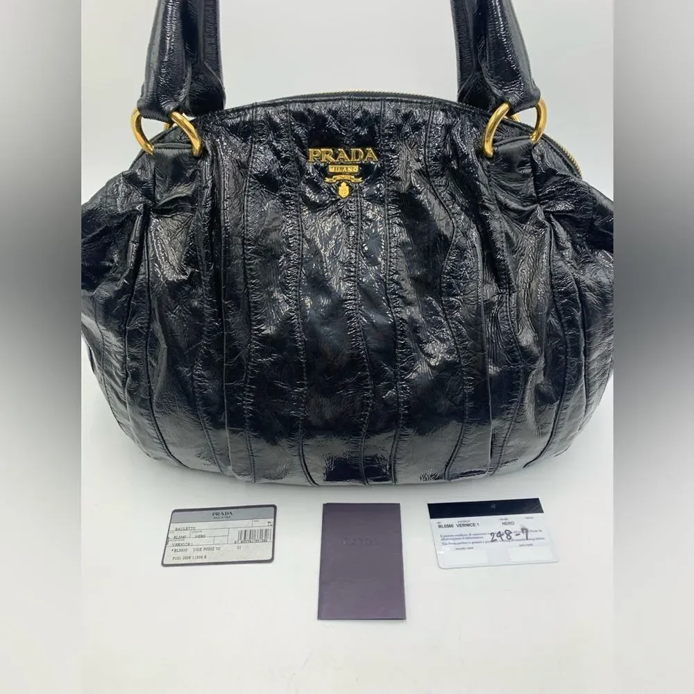 Auth Prada Black Patent Leather Whipstitch Tonal Stripe Satchel Lightweight